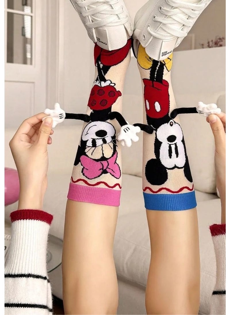 ديزني جوارب نسائية طويلة 2 زوج بتصميم ميكي وميني ماوس الكرتوني بخامة قابلة للتنفس للراحة والانتعاش مقاس 36-46 - Image 4